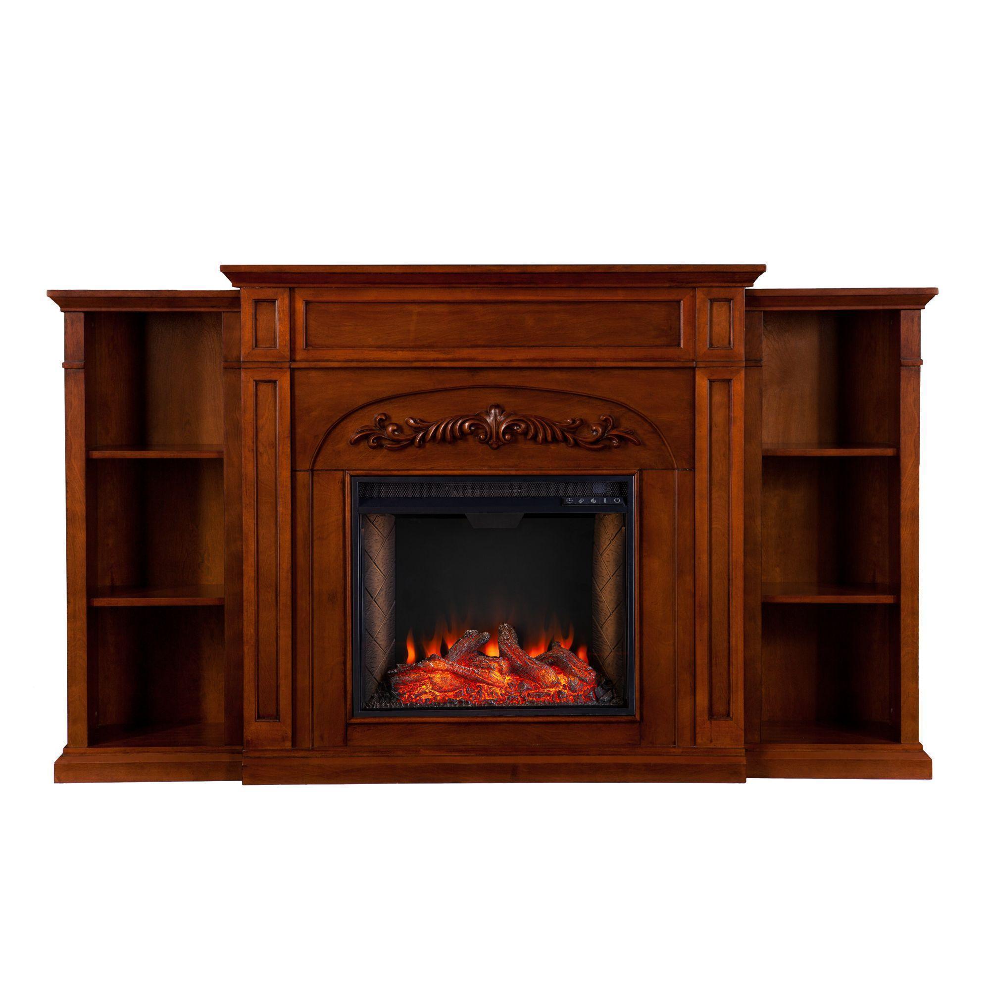 72.5" Brown Contemporary Rectangular Fireplace with Bookcase